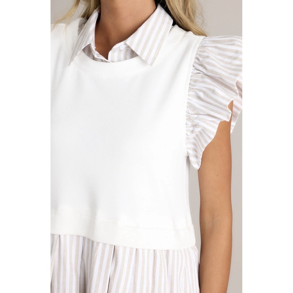 Entro Out For Fun Sand Striped Pleated Ruffle Shirt Dress Women's Size Large - Picture 3 of 14